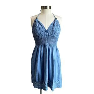 Cotton Collection Beaded Halter Blue Crotchet Detailing Mini Dress Sz M